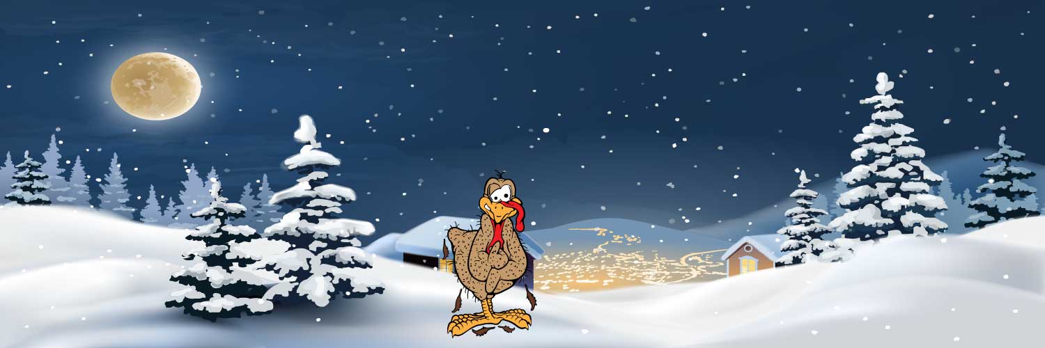 A turkey with no feathers standing in a snowy field in the middle of a cold night shivvering.
