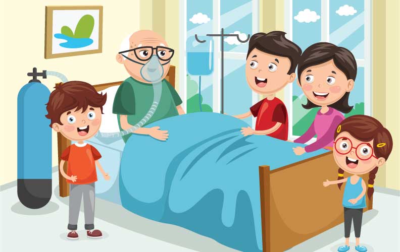 A family standing around an old man in a hospital bed who has a breathing mask on.